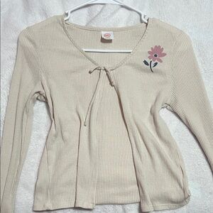 Women's Cream Ribbed Top with Floral Detail